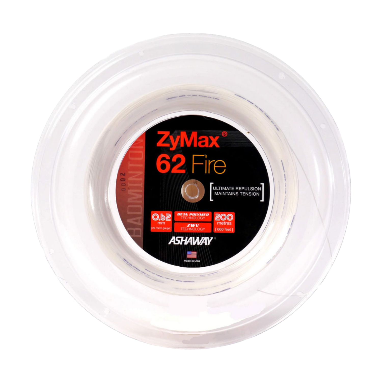 Ashaway ZyMax 62 Fire String (200m Reel) White