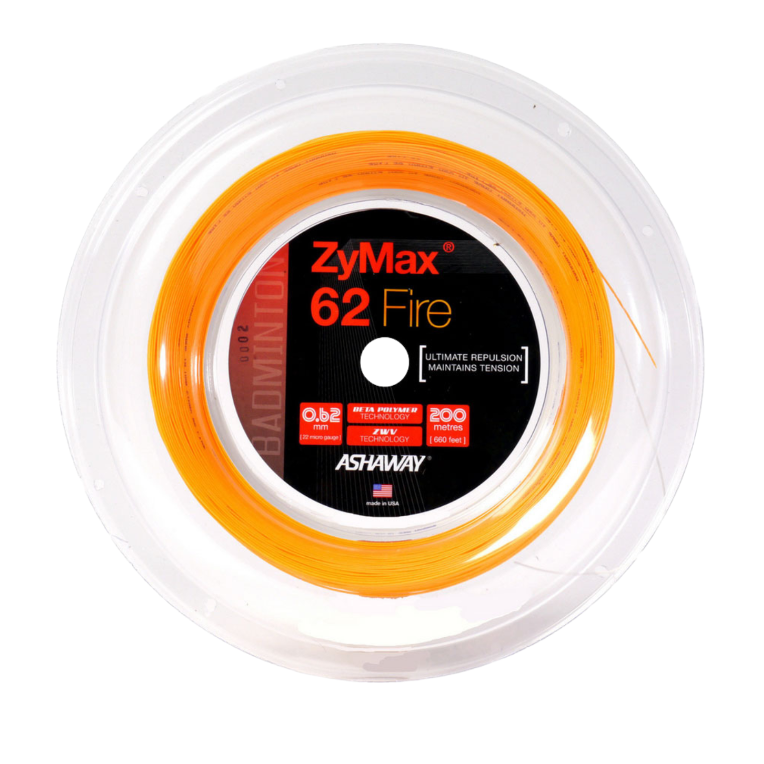 Ashaway ZyMax 62 Fire String (200m Reel) Orange