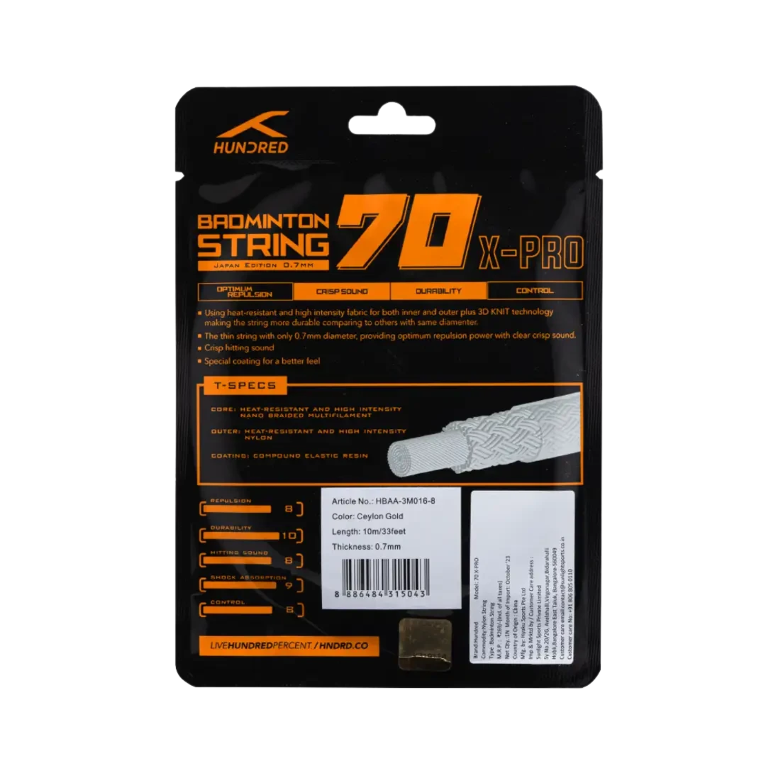 Hundred 70 X Pro Badminton String HBAA-3M016-8 String (Packs) Hundred