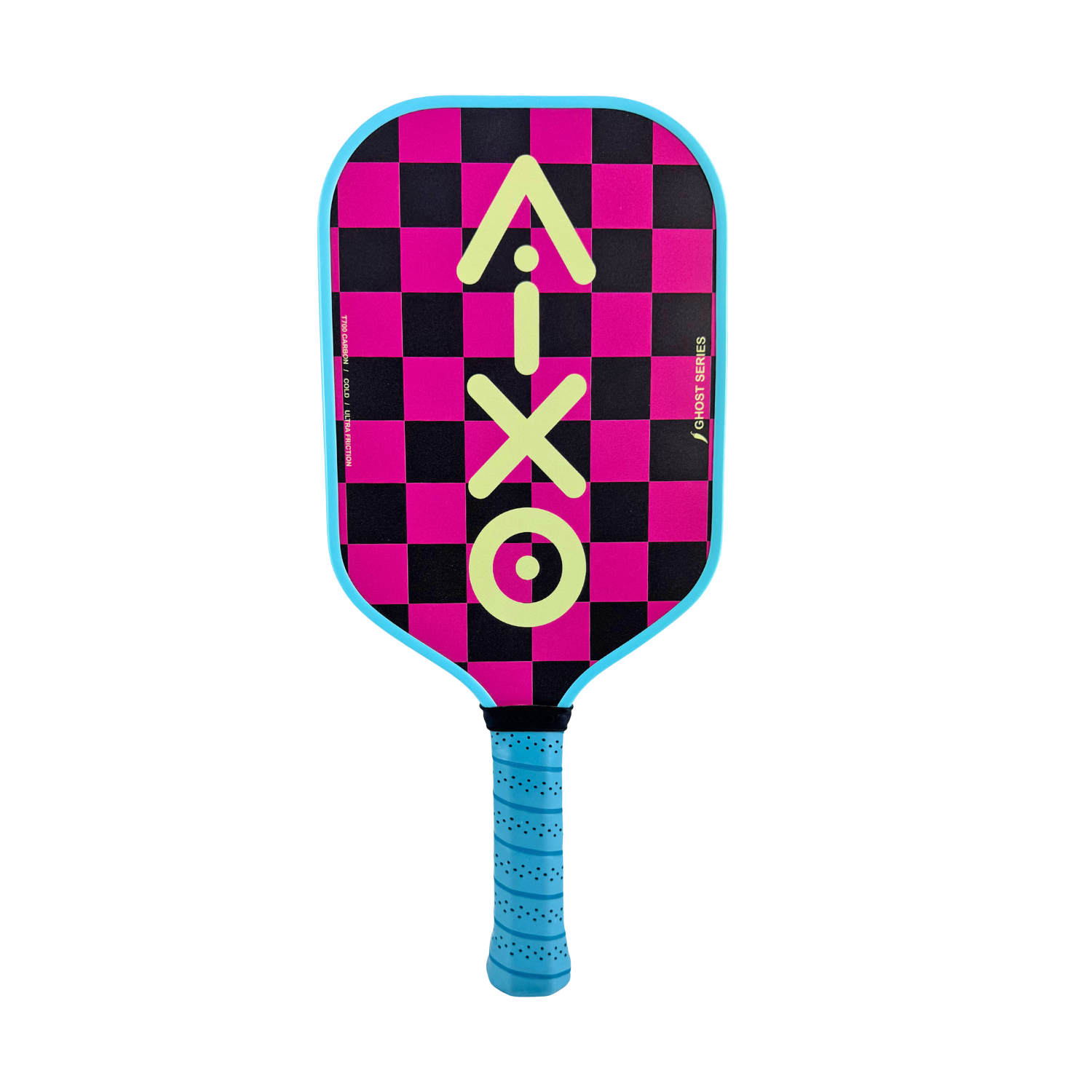 Front view of AIXO CP03 Ghost Dogtown — a 16mm carbon fiber pickleball paddle with bold checkerboard design.