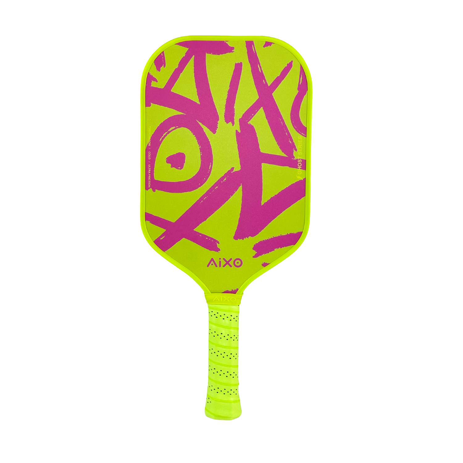 Front view of AIXO CP03 Ghost Neotag — a neon pickleball paddle with graffiti-inspired design.